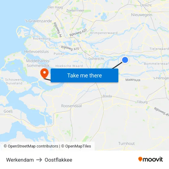 Werkendam to Oostflakkee map