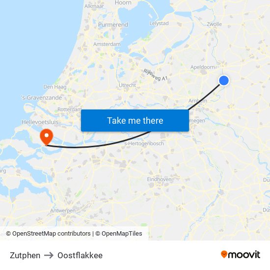 Zutphen to Oostflakkee map