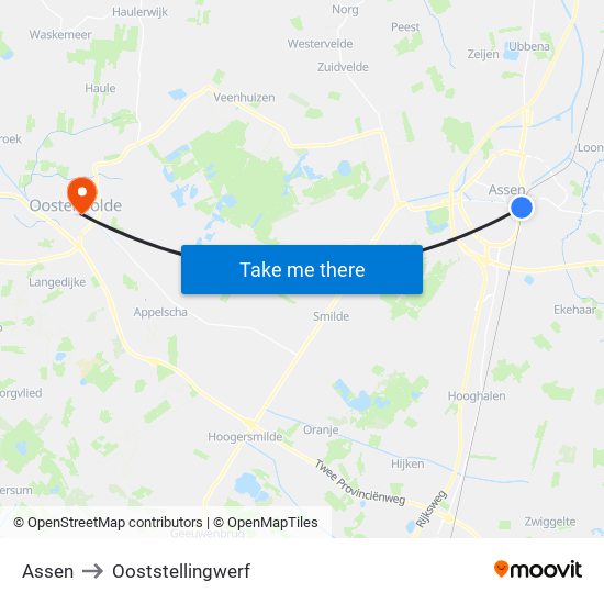 Assen to Ooststellingwerf map