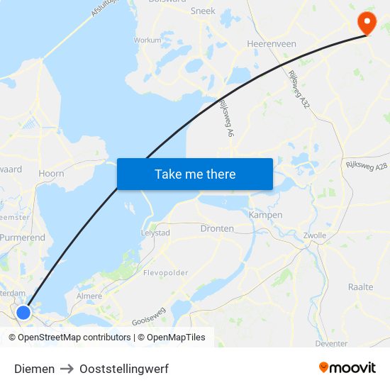 Diemen to Ooststellingwerf map