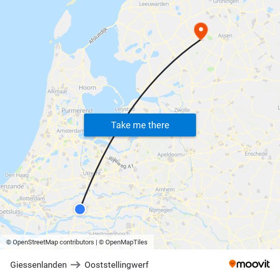 Giessenlanden to Ooststellingwerf map