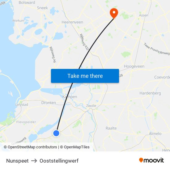 Nunspeet to Ooststellingwerf map