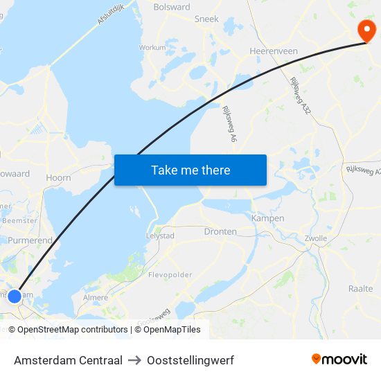 Amsterdam Centraal to Ooststellingwerf map