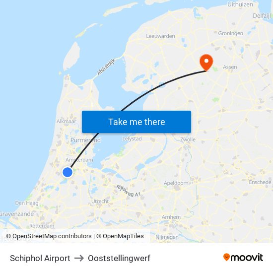 Schiphol Airport to Ooststellingwerf map