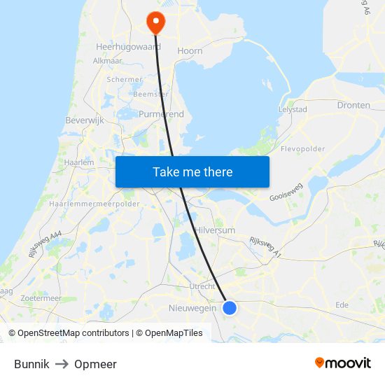 Bunnik to Opmeer map