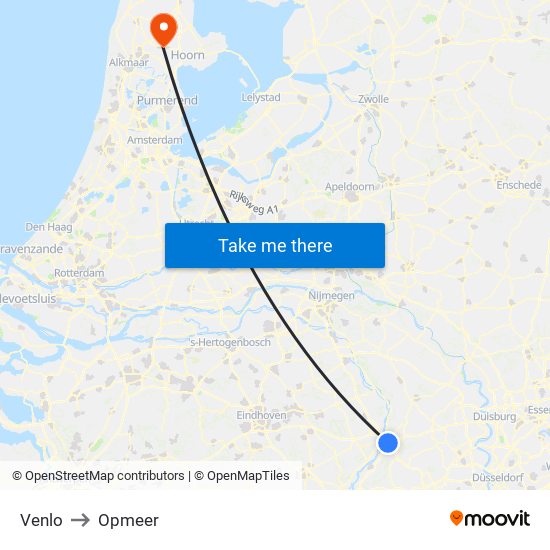 Venlo to Opmeer map