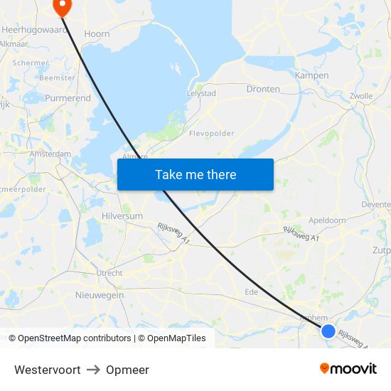 Westervoort to Opmeer map