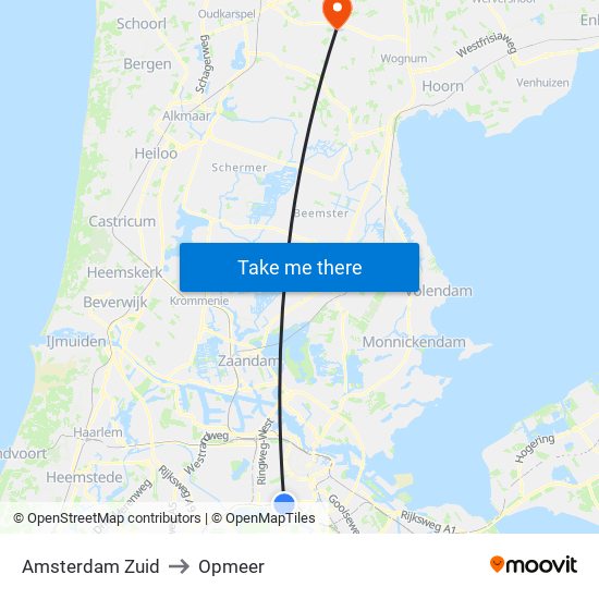 Amsterdam Zuid to Opmeer map