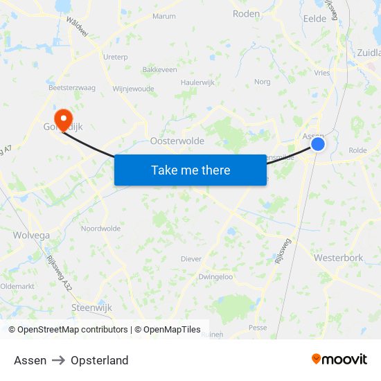 Assen to Opsterland map