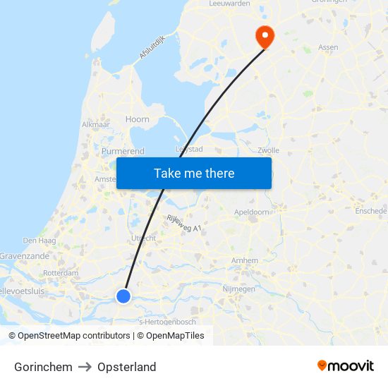 Gorinchem to Opsterland map