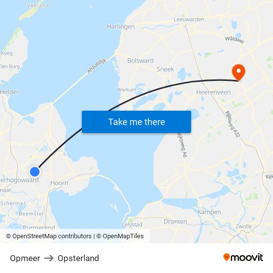 Opmeer to Opsterland map