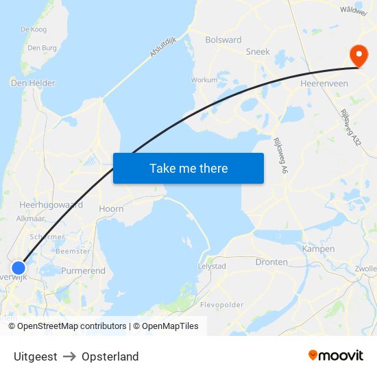 Uitgeest to Opsterland map