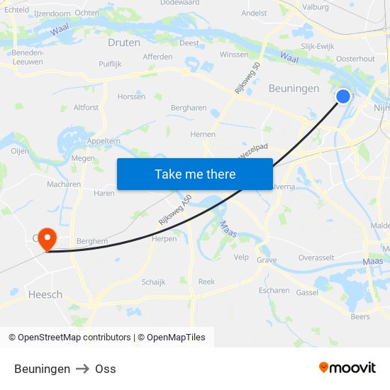 Beuningen to Oss map