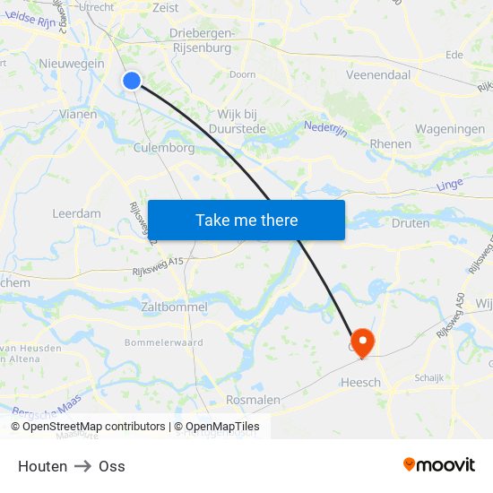 Houten to Oss map