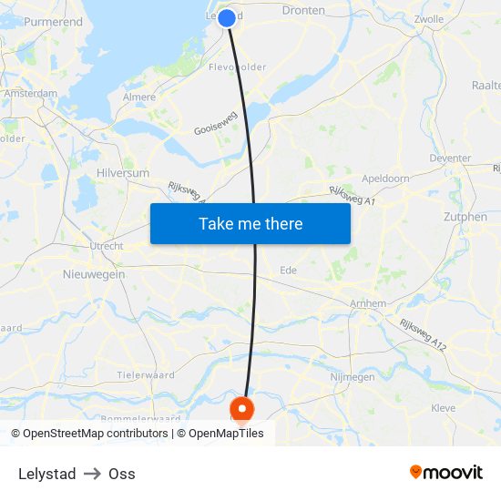 Lelystad to Oss map