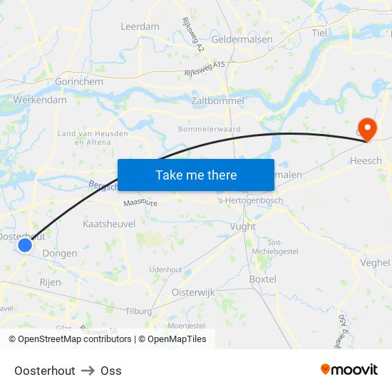 Oosterhout to Oss map