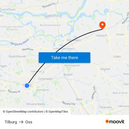 Tilburg to Oss map