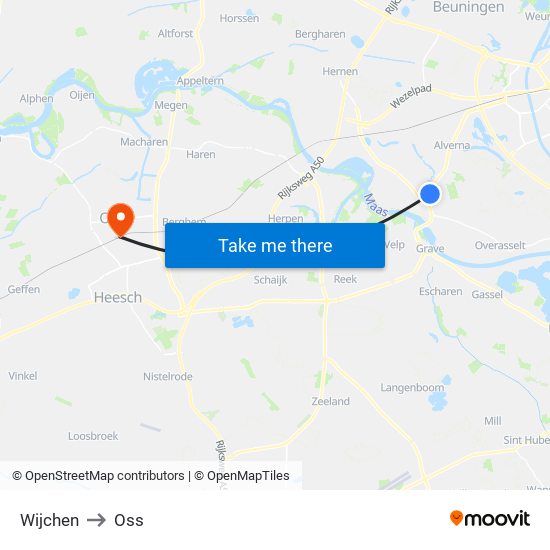 Wijchen to Oss map