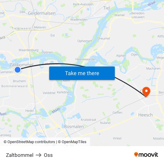 Zaltbommel to Oss map