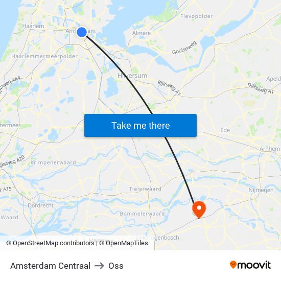 Amsterdam Centraal to Oss map