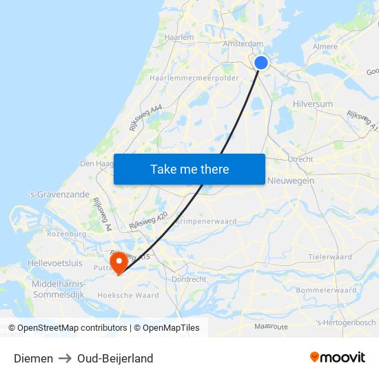 Diemen to Oud-Beijerland map