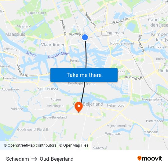 Schiedam to Oud-Beijerland map