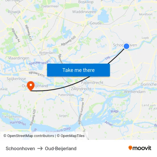Schoonhoven to Oud-Beijerland map