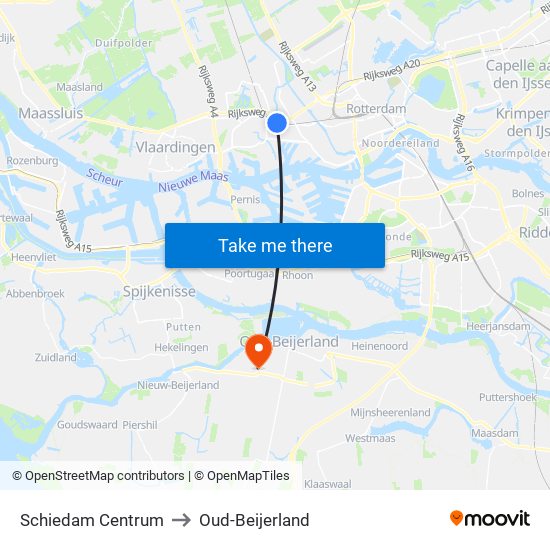 Schiedam Centrum to Oud-Beijerland map