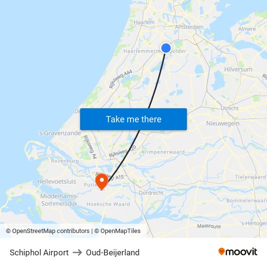 Schiphol Airport to Oud-Beijerland map