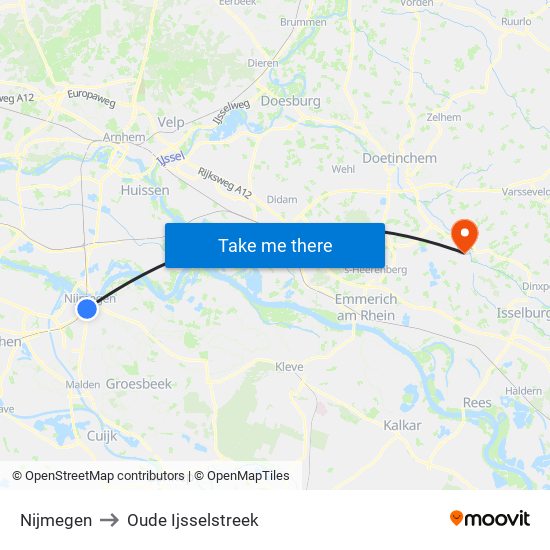 Nijmegen to Oude Ijsselstreek map