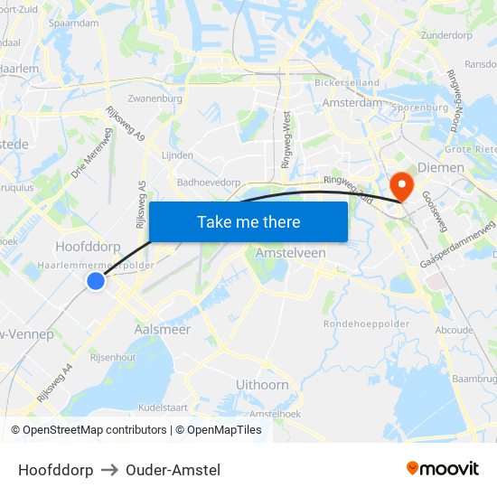 Hoofddorp to Ouder-Amstel map