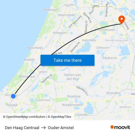 Den Haag Centraal to Ouder-Amstel map