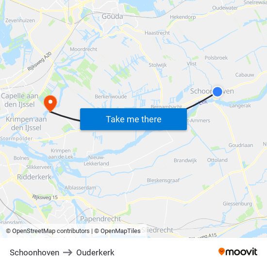 Schoonhoven to Ouderkerk map