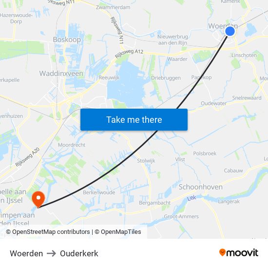 Woerden to Ouderkerk map