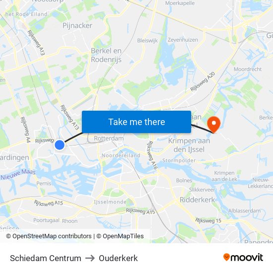 Schiedam Centrum to Ouderkerk map