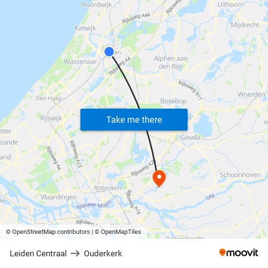 Leiden Centraal to Ouderkerk map