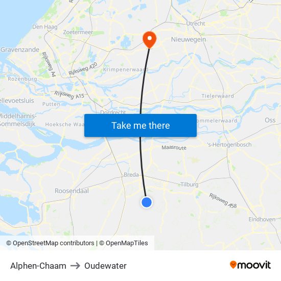 Alphen-Chaam to Oudewater map