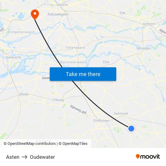 Asten to Oudewater map