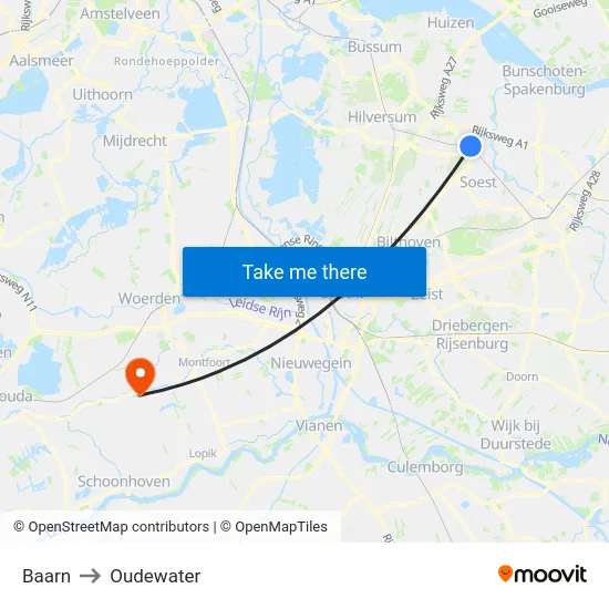 Baarn to Oudewater map