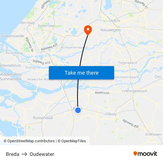 Breda to Oudewater map