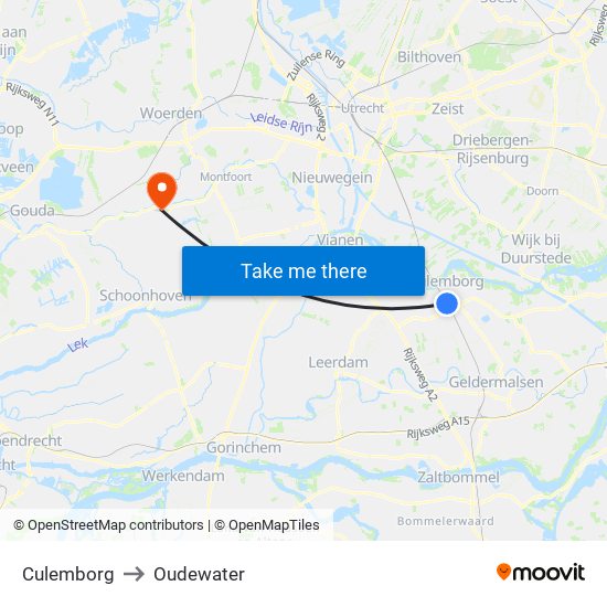 Culemborg to Oudewater map