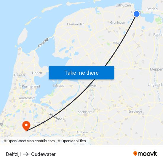 Delfzijl to Oudewater map