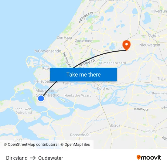 Dirksland to Oudewater map