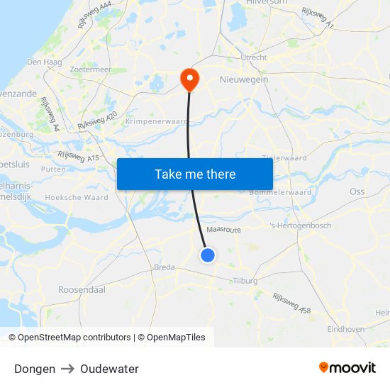 Dongen to Oudewater map