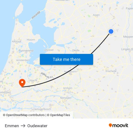 Emmen to Oudewater map