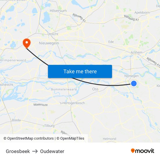 Groesbeek to Oudewater map