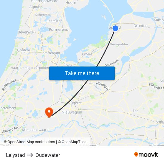 Lelystad to Oudewater map