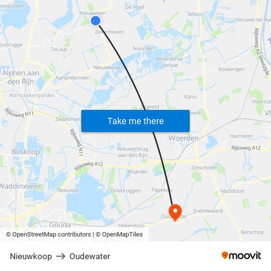 Nieuwkoop to Oudewater map