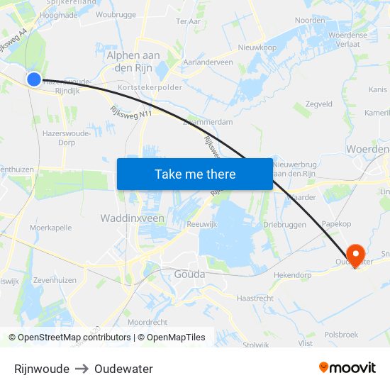 Rijnwoude to Oudewater map