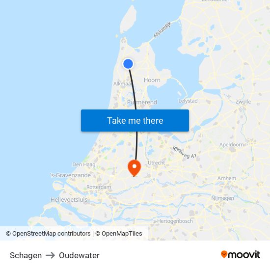 Schagen to Oudewater map